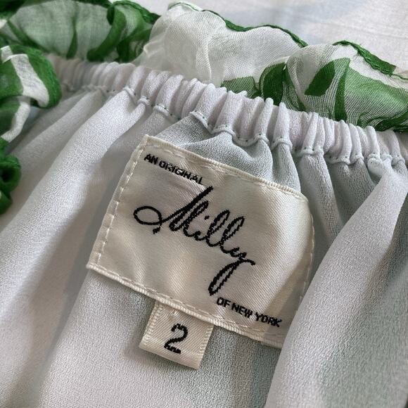 Milly Womens Green White Floral Silk Blouse Size 2 Peasant Boho Whimsical Modern - Picture 5 of 11